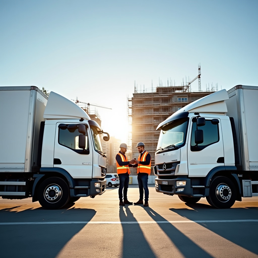Building materials delivery trucks parked at construction site in Lisbon suburbs with drivers reviewing delivery schedules
