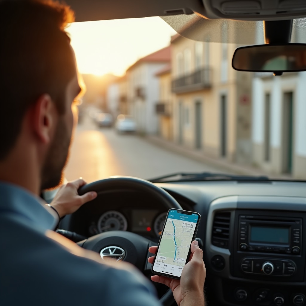 Delivery driver using route optimisation app on smartphone mounted in vehicle cab