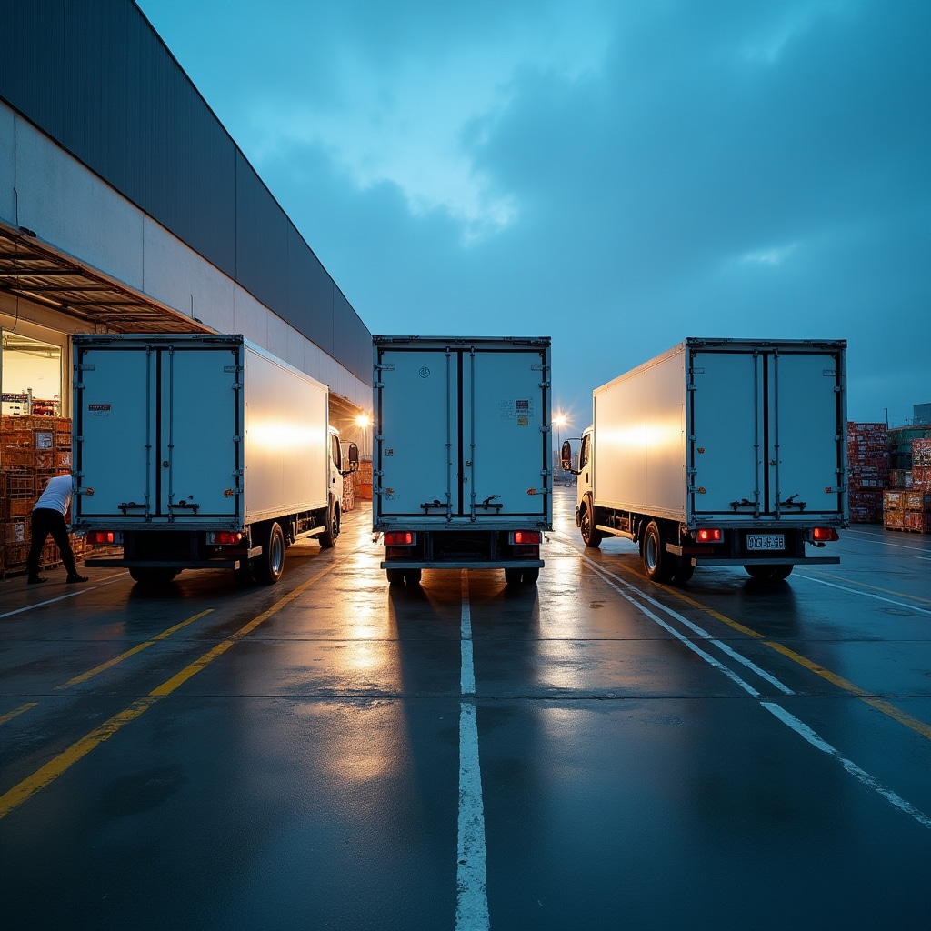 Refrigerated food distribution vehicles lined up at loading dock in northern Portugal warehouse