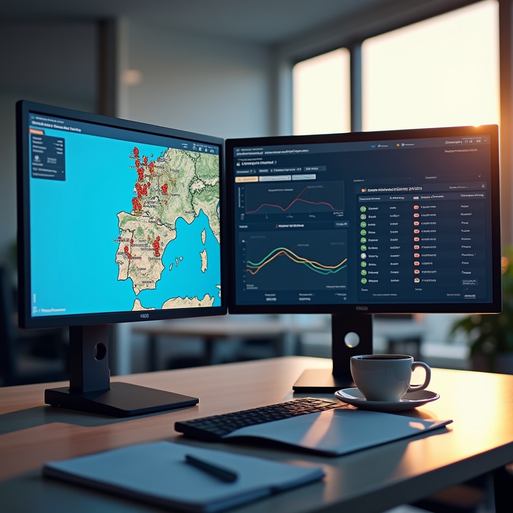 Fleet tracking dashboard showing vehicle positions across Portuguese road network