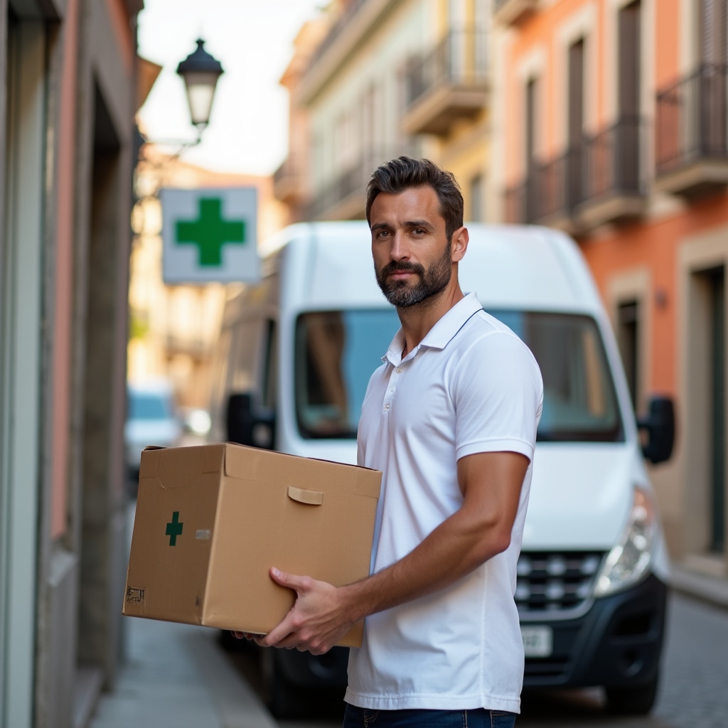 White pharmaceutical delivery van with driver in professional uniform completing delivery at pharmacy in Portuguese town