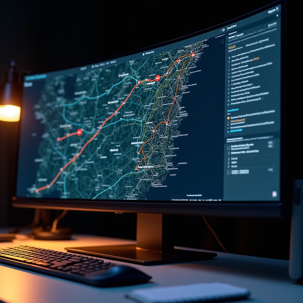 IT specialist configuring route optimisation software with Portuguese road network data on large monitor