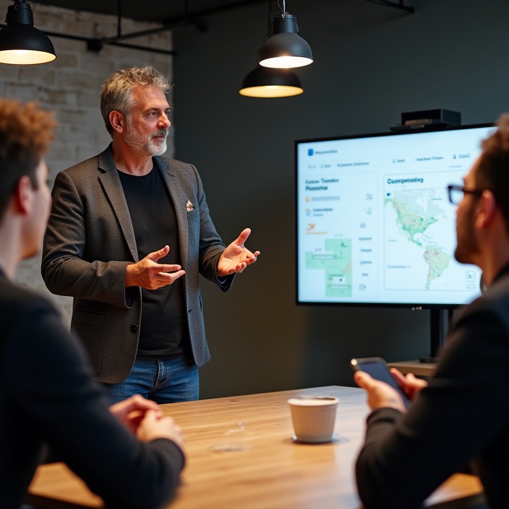 Driver training coordinator conducting hands-on workshop with delivery drivers around a digital display