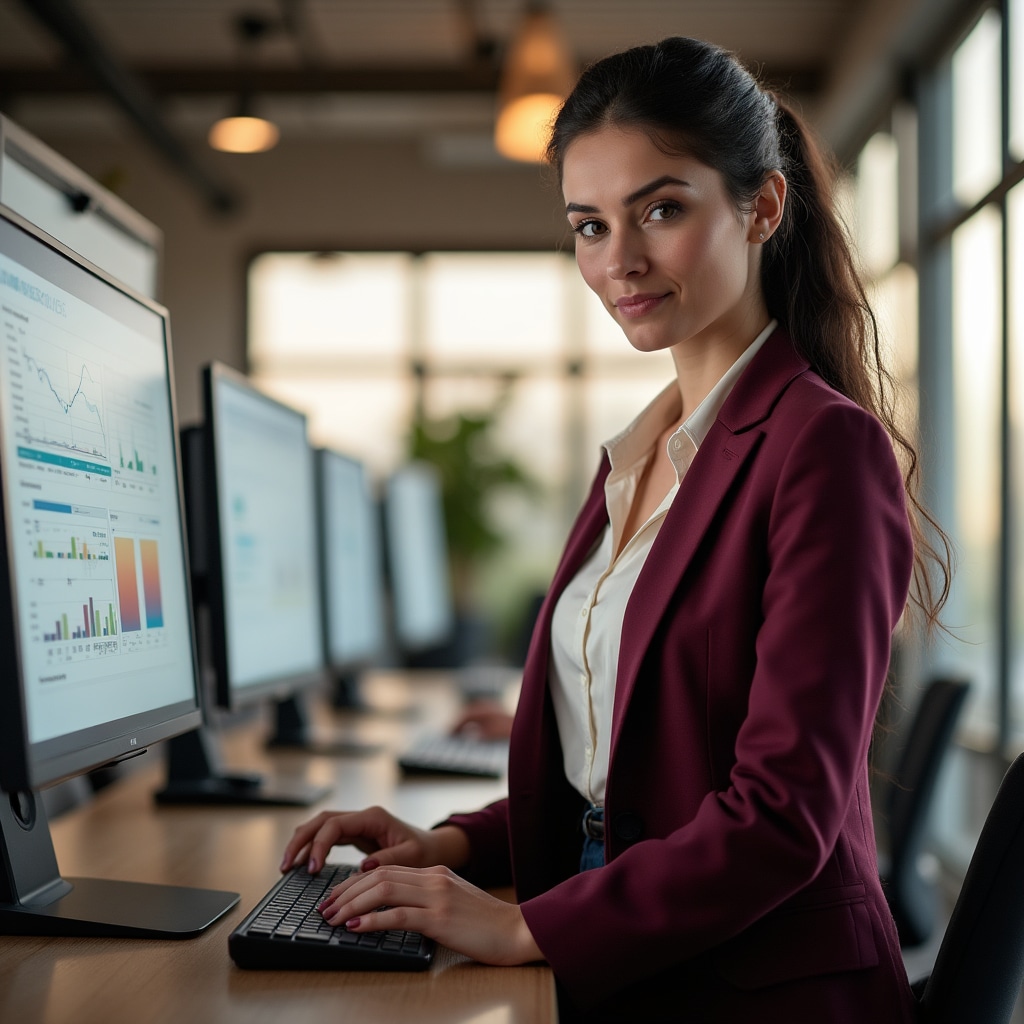 Operations support manager at standing desk reviewing fleet performance reports on dual monitors